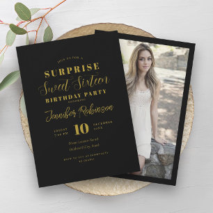 Invitation Simple Black & Gold Photo SURPRISE Sweet 16