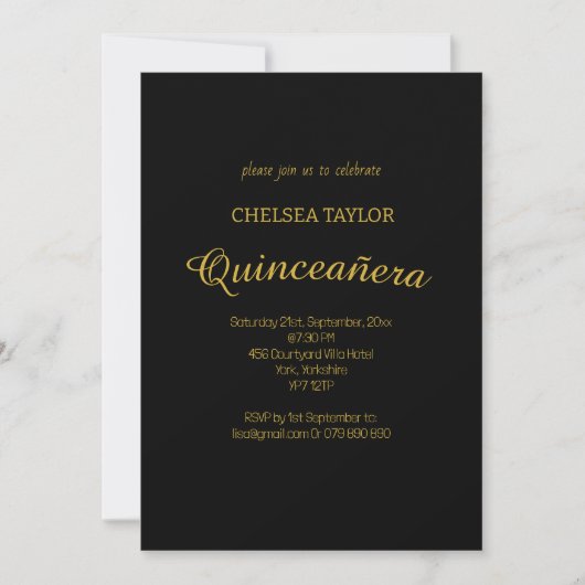 Invitation Simple Black & Gold Quinceañera 15ème parti (Devant)