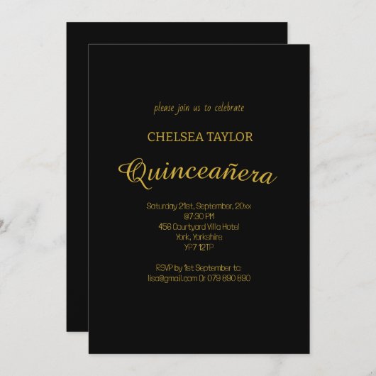 Invitation Simple Black & Gold Quinceañera 15ème parti (Devant / Derrière)
