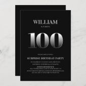 Invitation Simple Black Silver Surprise 100e anniversaire (Devant / Derrière)
