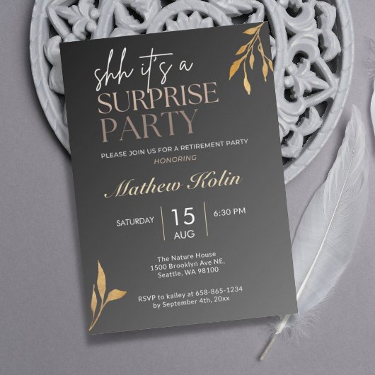 Invitation Simple Black Surprise Retraite Party en ligne