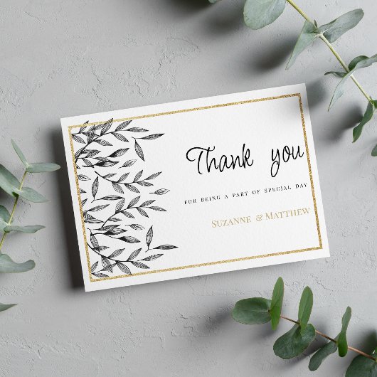 Invitation Simple black white gold floral foliage Thank You