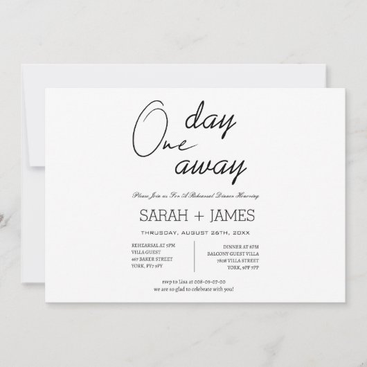 Invitation Simple Black White One Day Away Rehearsal Dinner  (Devant)
