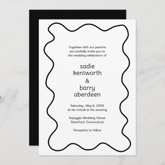 Invitation Simple Black White Squigame Frame Mariage moderne (Devant / Derrière)