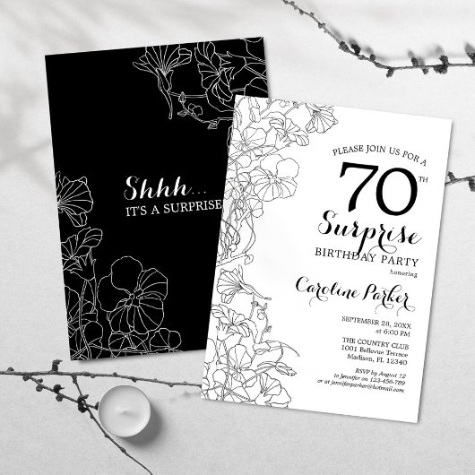 Invitation Simple Black White Surprise 70e fête d'anniversair