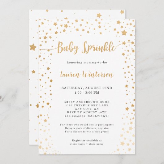 Invitation Simple blanc et or Star Baby Sprinkle (Devant / Derrière)