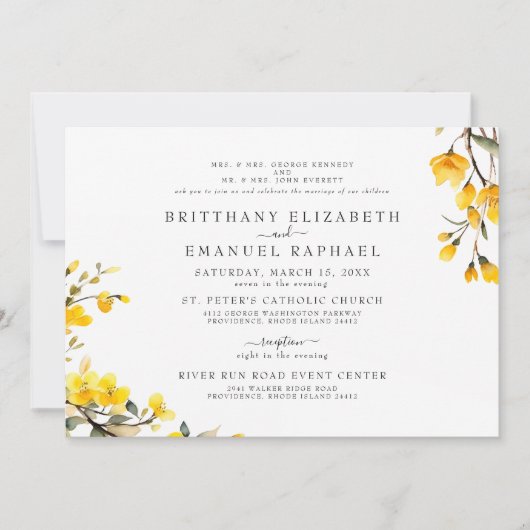 Invitation Simple Blanc Les deux parents Jaune Floral Mariage (Devant)