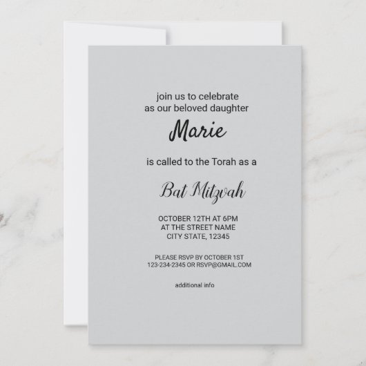 Invitation simple blanc noir classique edi bat mitzvah (Devant)