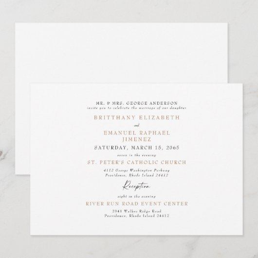 Invitation Simple Blanc & Or Mariage Parents Mariée (Devant / Derrière)
