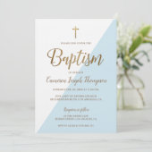 Invitation Simple Bleu Blanc Or Moderne Baptême (Debout devant)