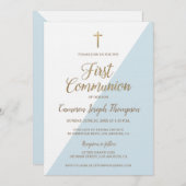 Invitation Simple Bleu Blanc Or Moderne Première communion (Devant / Derrière)