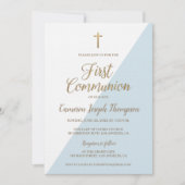 Invitation Simple Bleu Blanc Or Moderne Première communion (Devant)