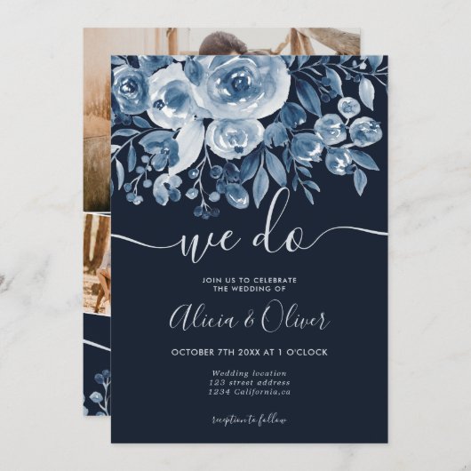 Invitation Simple bleu marine floral photo initiales mariage (Devant / Derrière)
