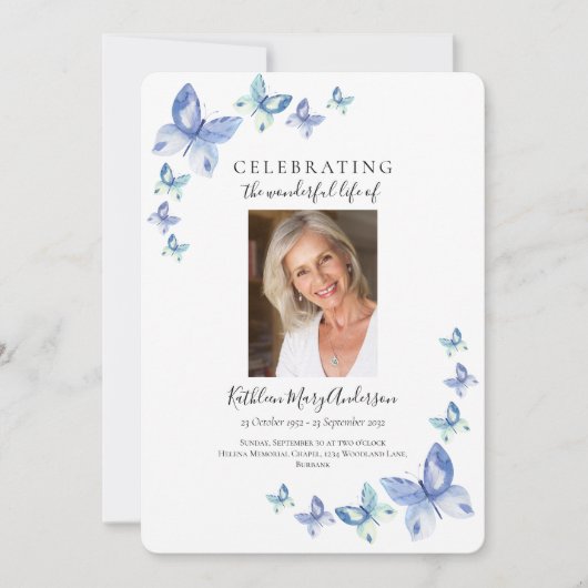 Invitation Simple Blue Butterfly Celebration of Life Invitati (Devant)