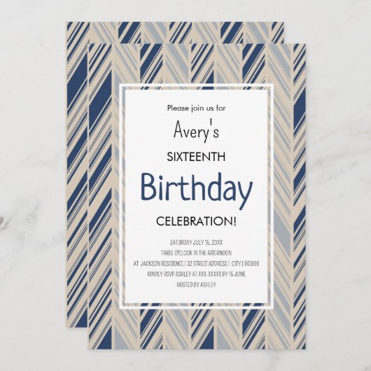 Invitation Simple Blue Chevron Birthday (Devant / Derrière)
