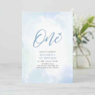 Invitation Simple Blue Heart One 1st Boy Birthday Party
