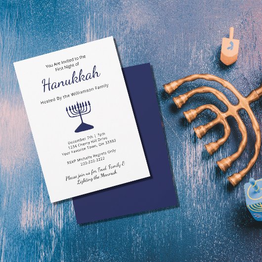 Invitation Simple Blue Menorah Family Hanoukka Party