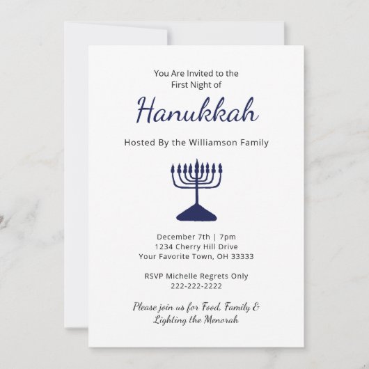 Invitation Simple Blue Menorah Family Hanoukka Party (Devant)