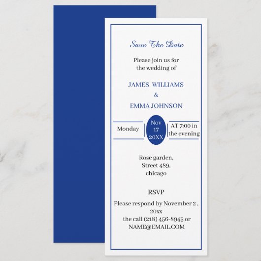 Invitation Simple Blue Personnalisable Enregistrer La Date (Devant / Derrière)