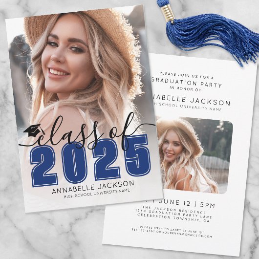 Invitation Simple Blue Script Graduate Photo Graduate