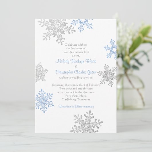 Invitation Simple Blue Silver Snowflake Mariage d'hiver (Debout devant)