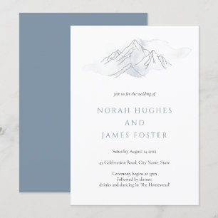 Invitation Simple Blue Watercolor Mountain Mariage naturel