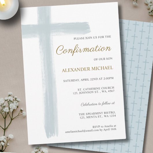 Invitation Simple Blue White Cross Boy Confirmation