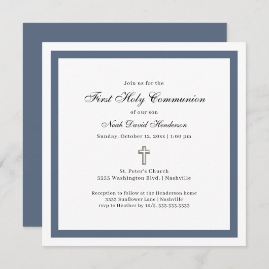 Invitation Simple Blue White First Holy Communion (Devant / Derrière)