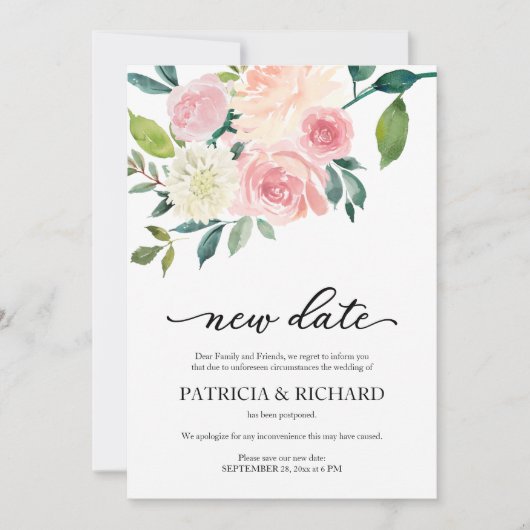 Invitation Simple Blush Floral New Date Mariage Postponction (Devant)