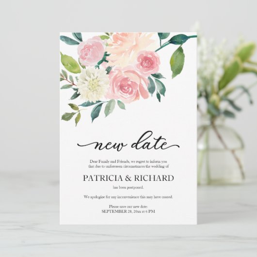 Invitation Simple Blush Floral New Date Mariage Postponction (Debout devant)
