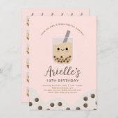 Invitation Simple Boba Bubble Milk Tea rose Anniversaire (Devant / Derrière)