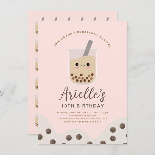 Invitation Simple Boba Bubble Milk Tea rose Anniversaire (Devant / Derrière)