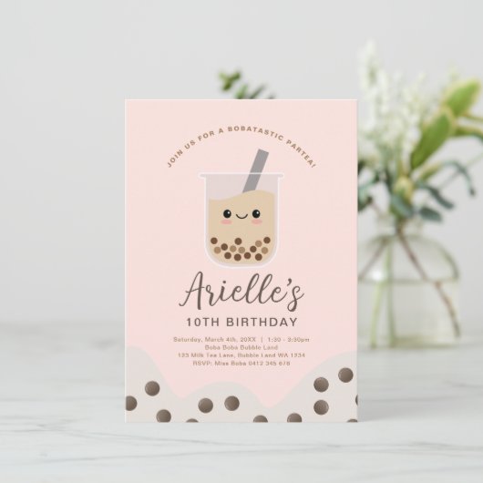 Invitation Simple Boba Bubble Milk Tea rose Anniversaire (Debout devant)