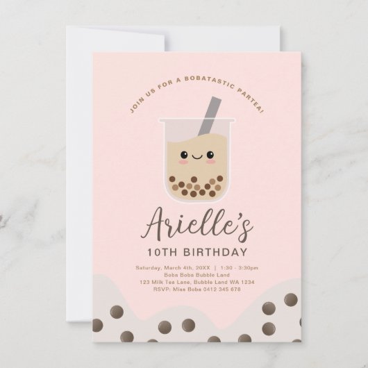 Invitation Simple Boba Bubble Milk Tea rose Anniversaire (Devant)