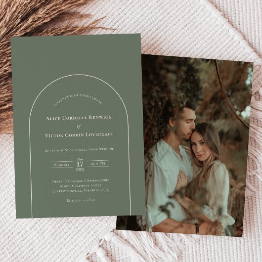 Invitation Simple Boho Arch Sage Green Mariage Photo
