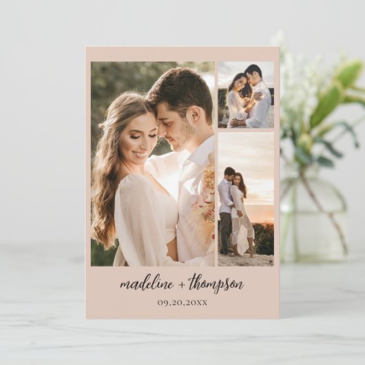Invitation Simple Boho Beige Script Photo QR Code Mariage (Debout devant)