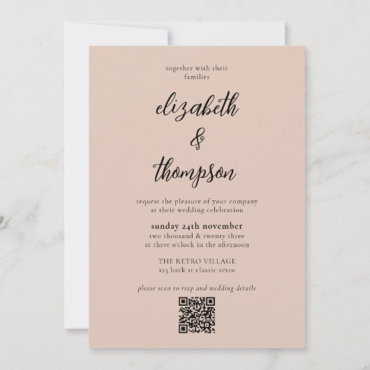 Invitation Simple Boho Beige Script Photo QR Code Mariage (Dos)