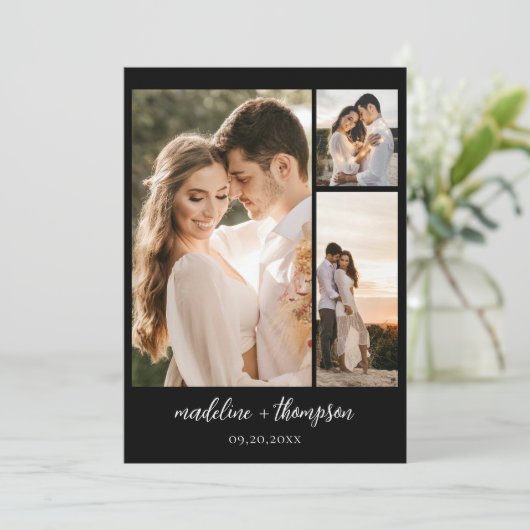 Invitation Simple Boho Black Script Photo QR Code Mariage (Debout devant)