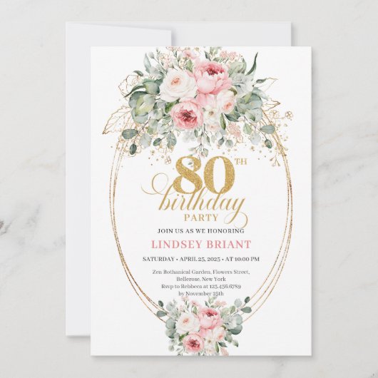 Invitation Simple Boho Blush Roses Greenery 80th Birthday (Devant)