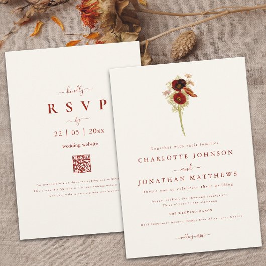 Invitation Simple Boho Fleur de la Toussaint Code QR via Mari