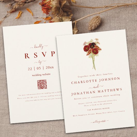 Invitation Simple Boho Fleur Sauvage Mariage Brun Orange