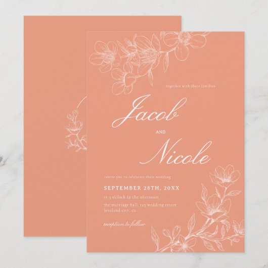 Invitation Simple Boho Floral Script Coral Mariage (Devant / Derrière)