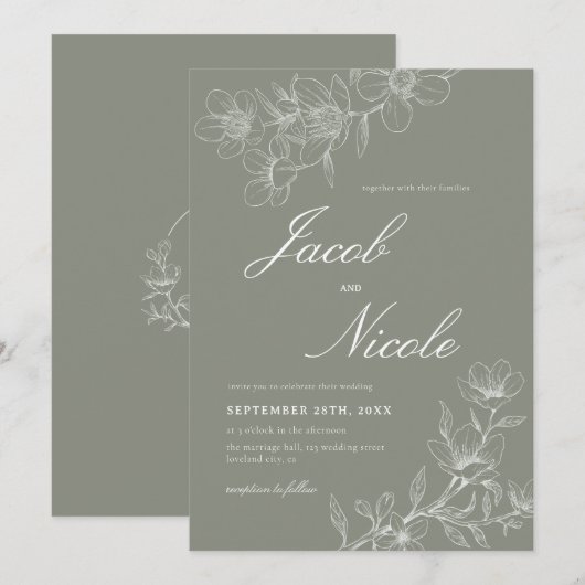 Invitation Simple Boho Floral Script Sage Green Mariage (Devant / Derrière)