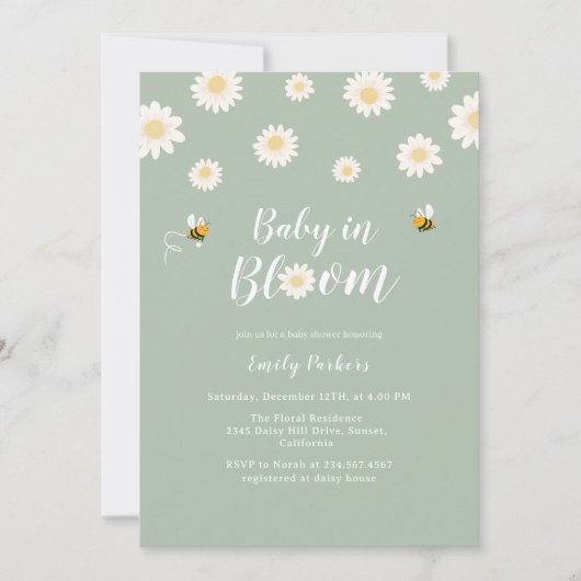 Invitation Simple Boho Green Daisy Bébé dans la douche en fle (Devant)