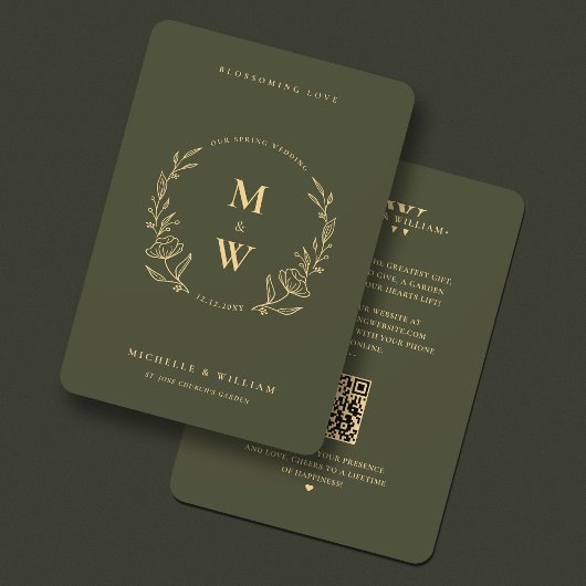 Invitation Simple Boho Mariage Monogramme Élégant Vert Or