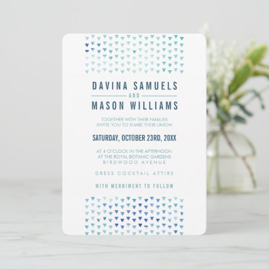 Invitation SIMPLE BOHO MARIAGE triangle moderne motif bleu (Debout devant)