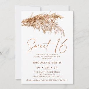 Invitation Simple Boho Pampas Grass Sweet 16 Anniversaire