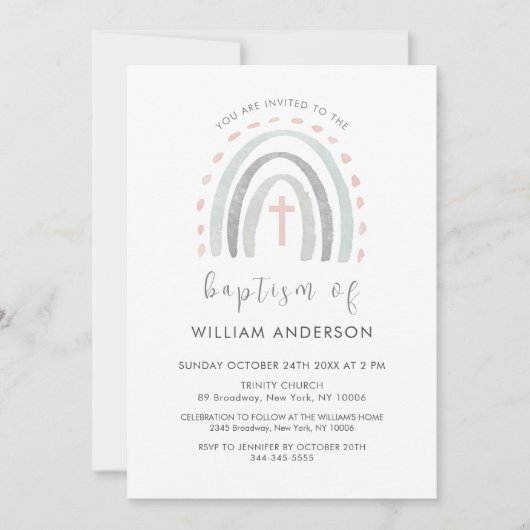 Invitation Simple Boho Rainbow Cross Boy Baptême garçon (Devant)