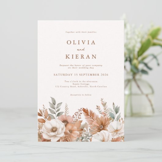 Invitation Simple Boho Rustique Mariage de automne Floral (Debout devant)