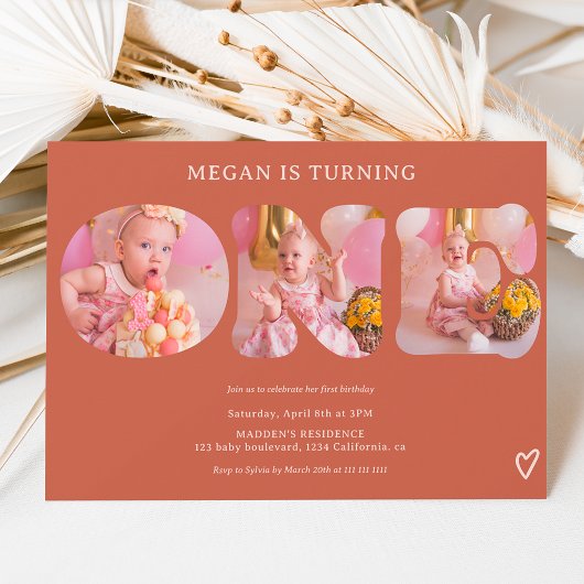 Invitation Simple boho terracotta 3 photos 1er anniversaire